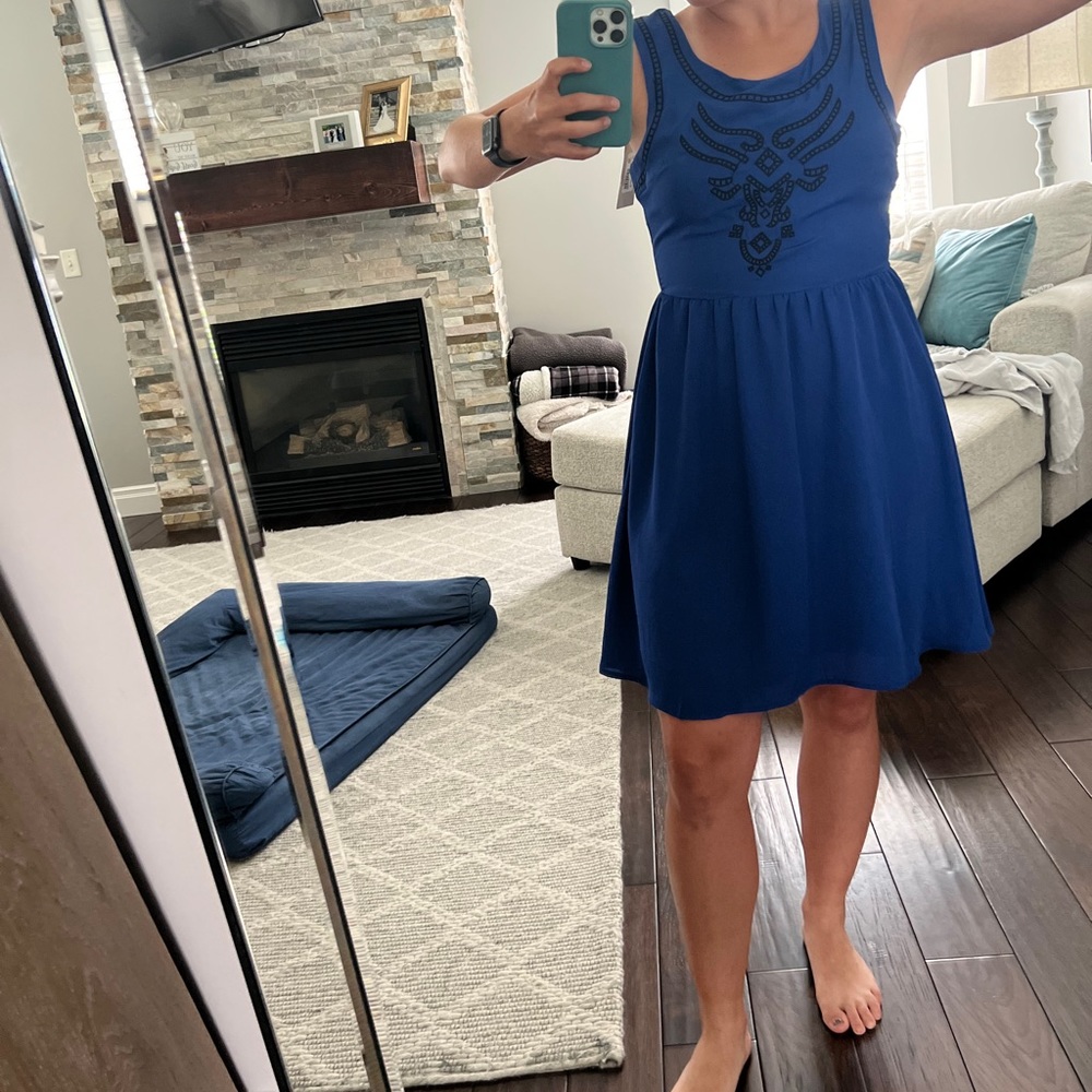 Blue and Black Embroidered Mini Dress